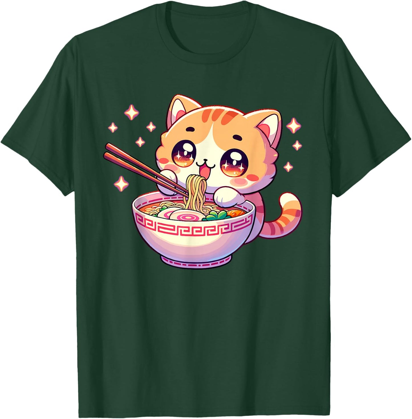 Japanese Kawaii Kitten Anime Cat Eating Ramen Women Girls T-Shirt - T-Shirt | Forest