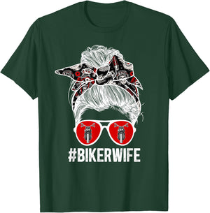 Cute Biker Wife Anniversary Biker Wife Messy Bun Motorcycle Wife - Black, Small T-Shirt - T-Shirt | Forest