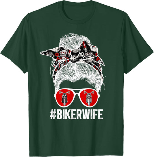 Cute Biker Wife Anniversary Biker Wife Messy Bun Motorcycle Wife - Black, Small T-Shirt - T-Shirt | Forest