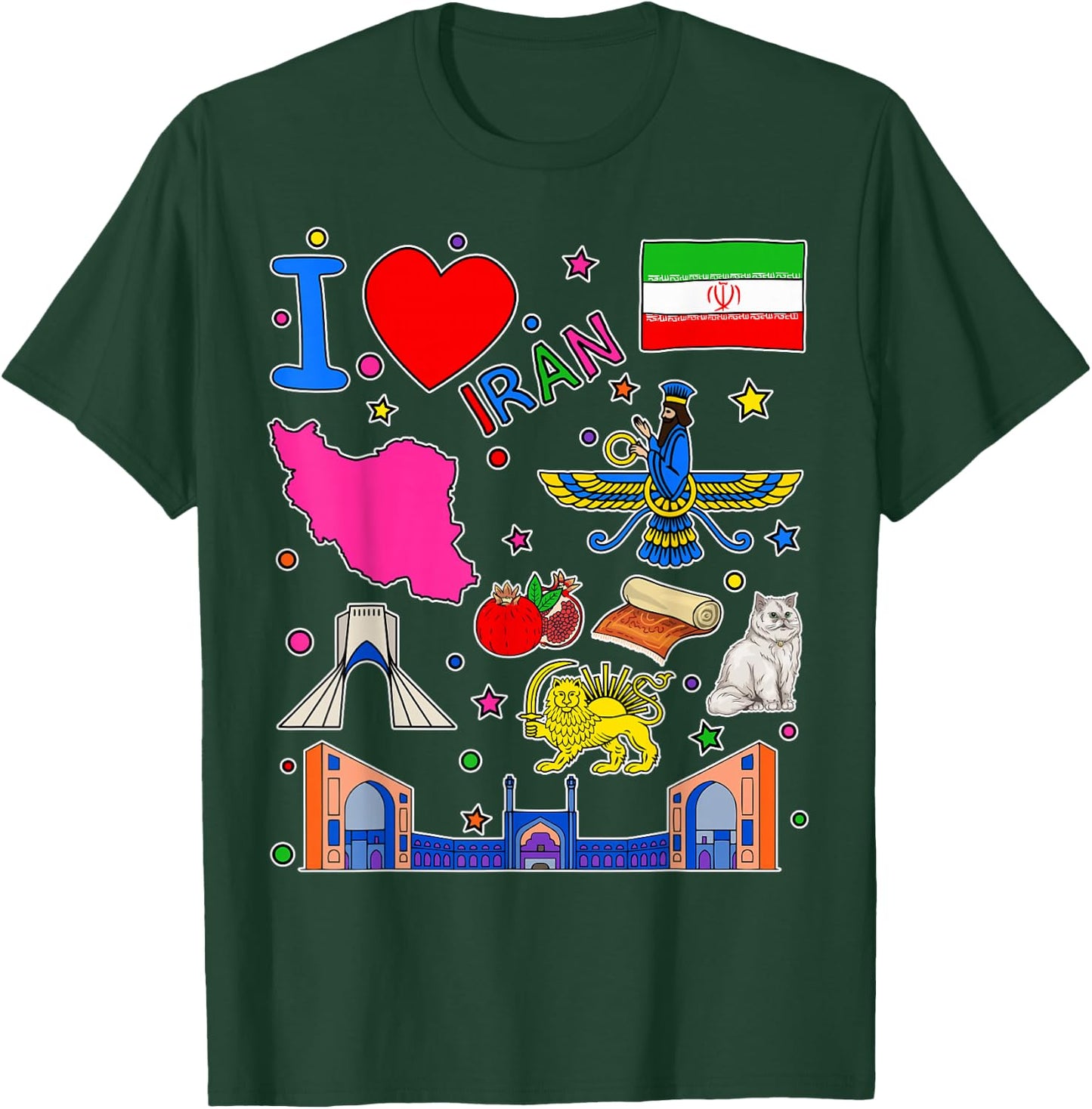 Iranian hand drawn landmarks, Iran map, Culture icons T-Shirt - T-Shirt | Forest