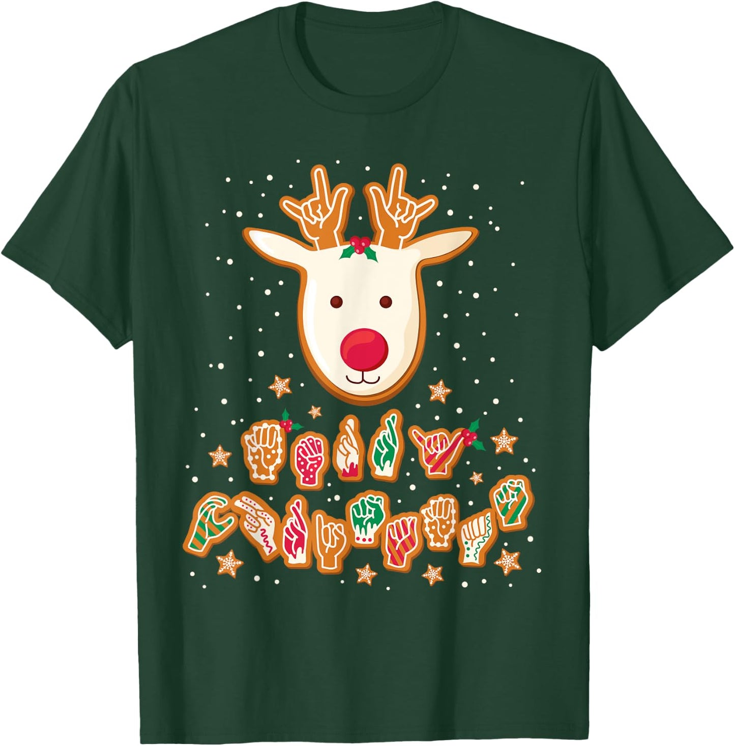 ASL Christmas Reindeer American Sign Language Gingerbread T-Shirt - T-Shirt | Forest