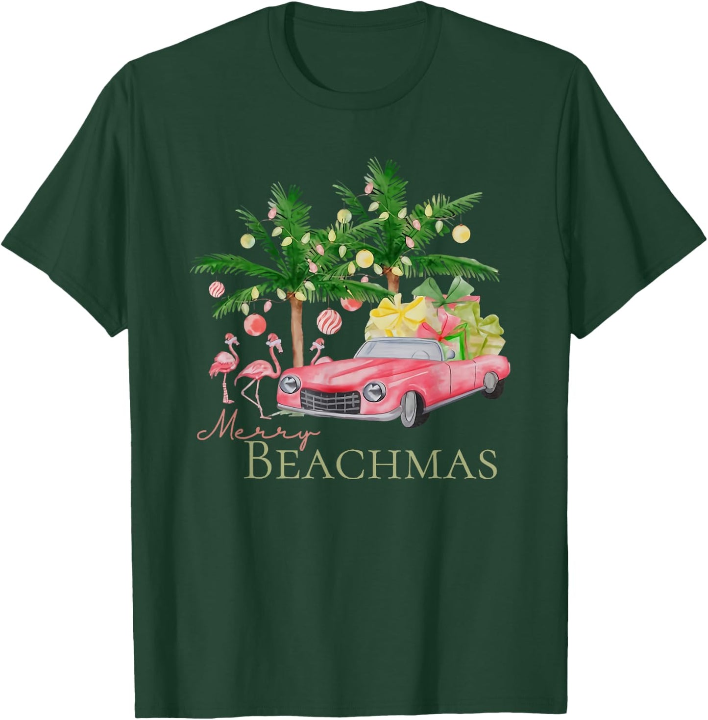 Merry Beachmas Tropical Christmas Santa Flamingo Hawaii Men Women T-Shirt - T-Shirt | Forest