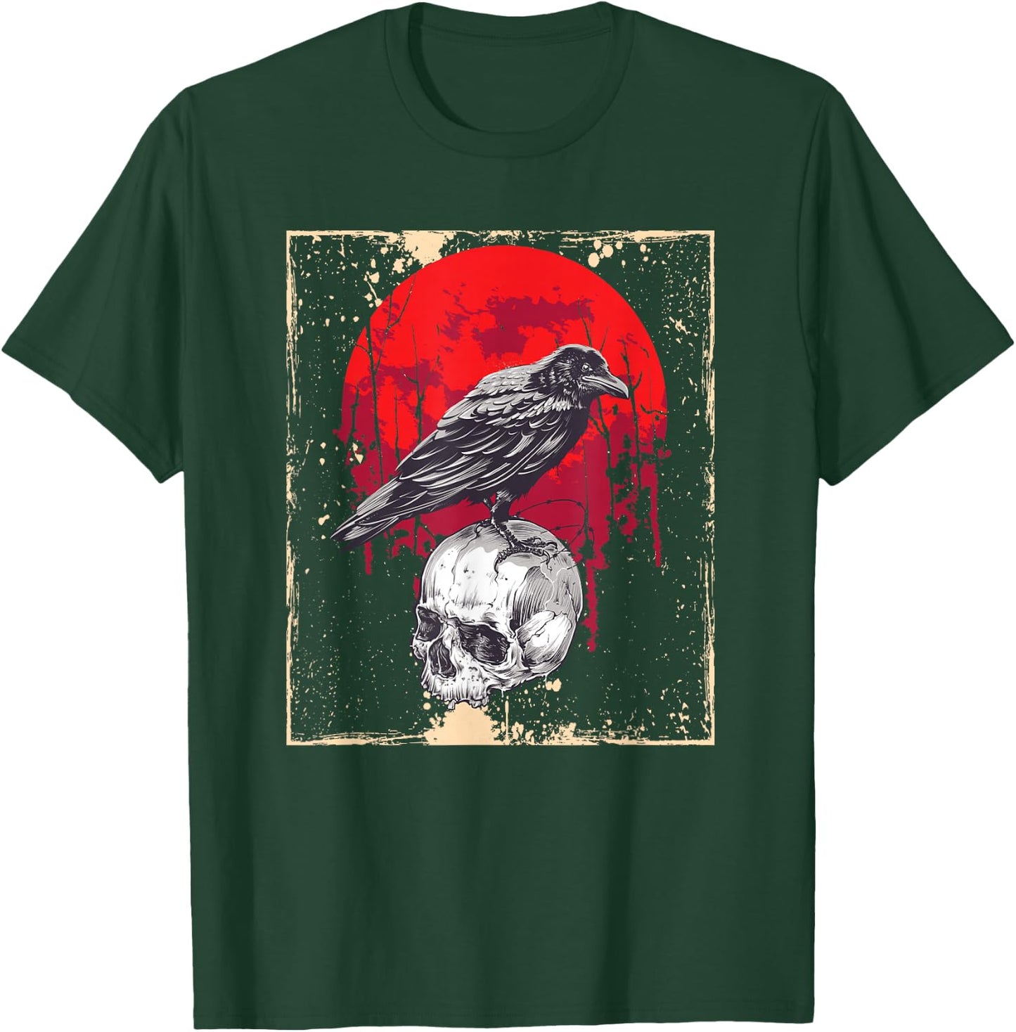 Gothic Raven Skull Red Moon Black Crow T-Shirt - T-Shirt | Forest