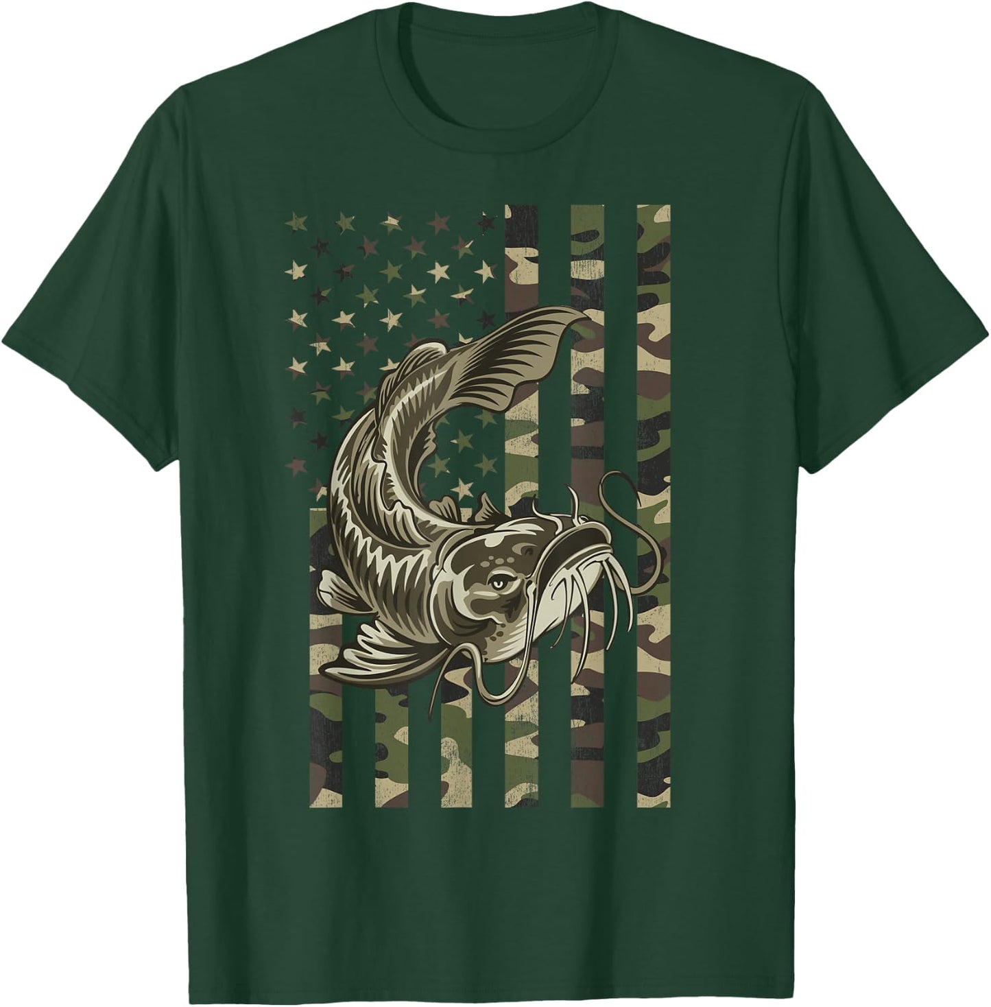 Catfishing, Camo American Flag with Catfish T-Shirt - T-Shirt | Forest