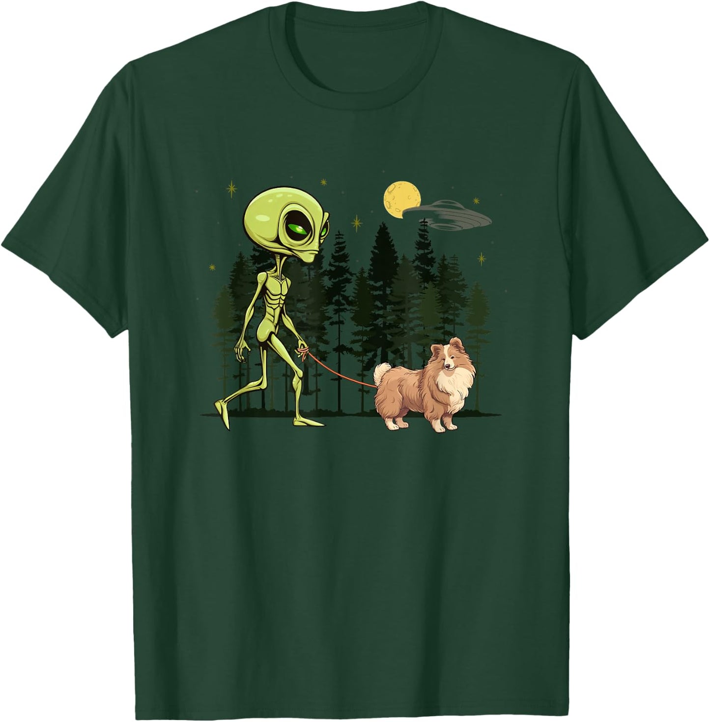 Funny Shetland Sheepdog Sheltie Alien Walking UFO Pet Dog Women Kids T-Shirt - T-Shirt | Forest