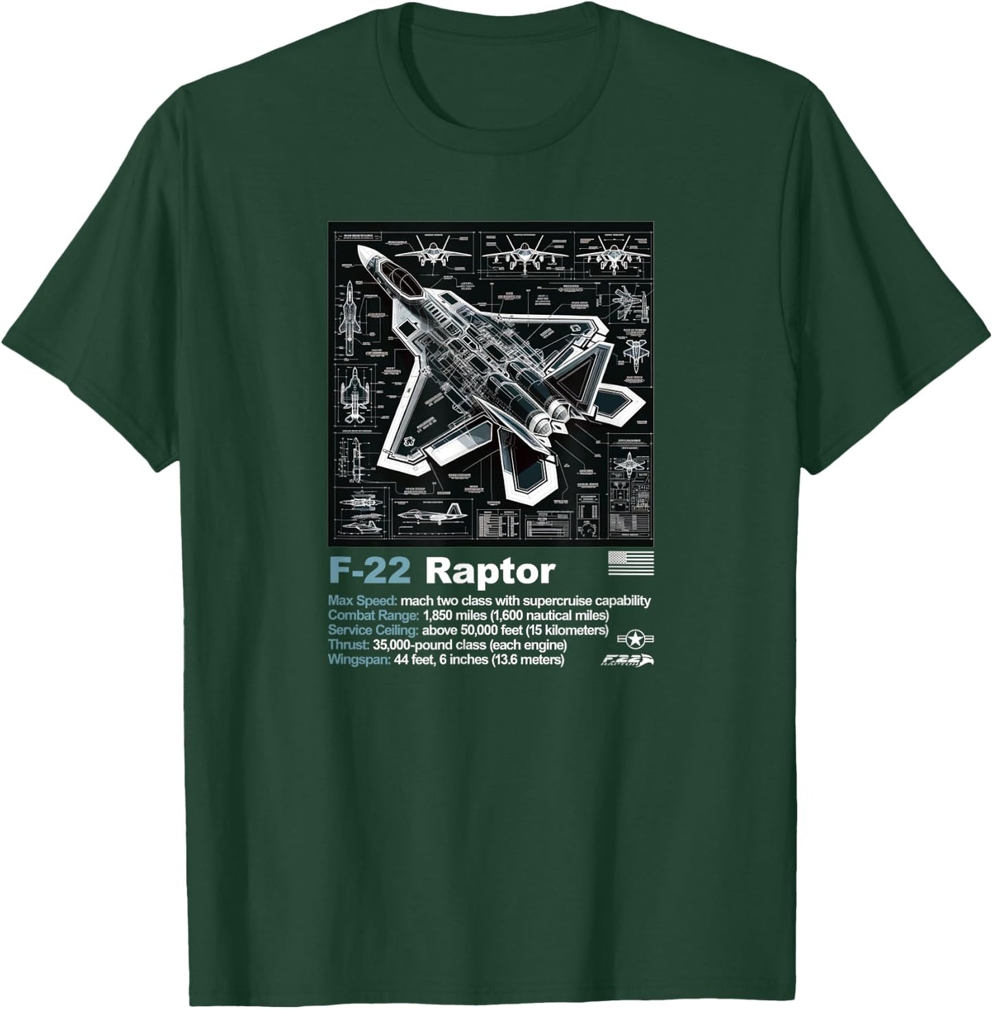 F22 Raptor Fighter Jet Blueprint Technical Drawing & Specs T-Shirt - T-Shirt | Forest
