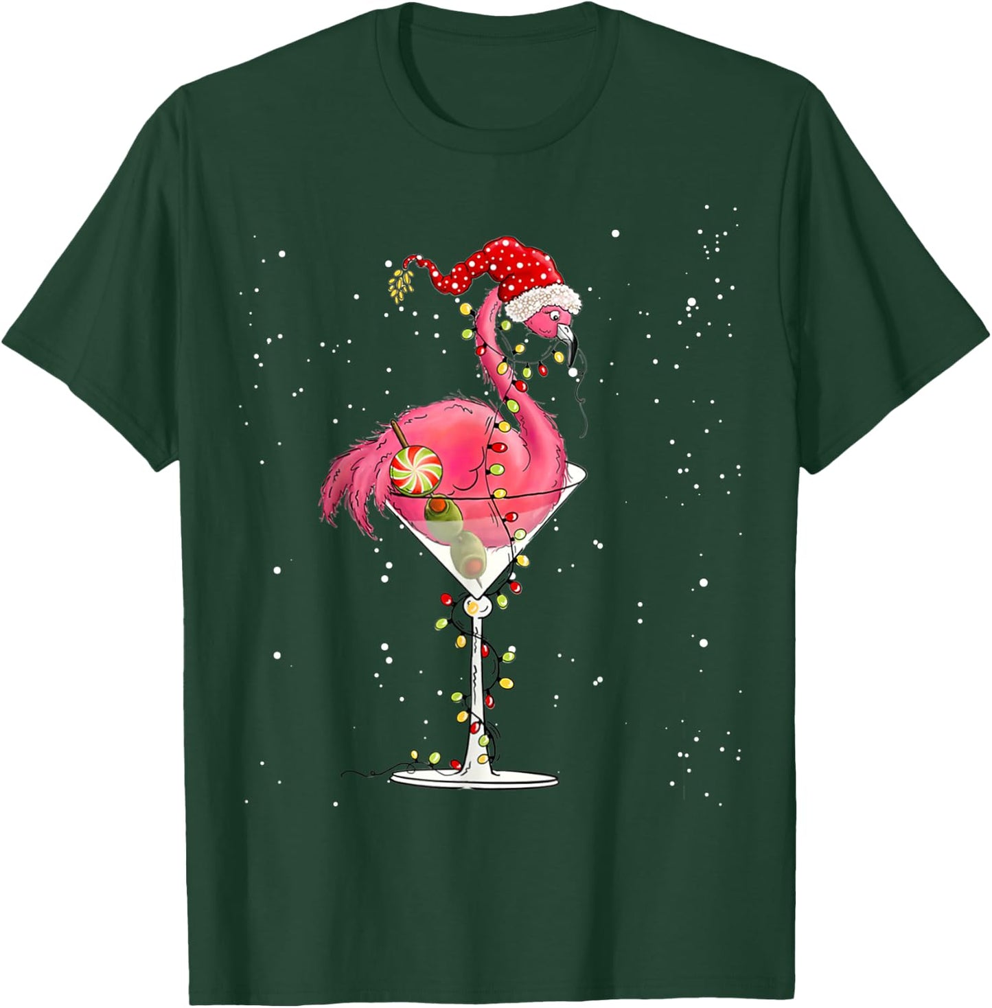 Merry Christmas Pink Flamingo Wine Drinking Lights Xmas Tree T-Shirt - T-Shirt | Forest