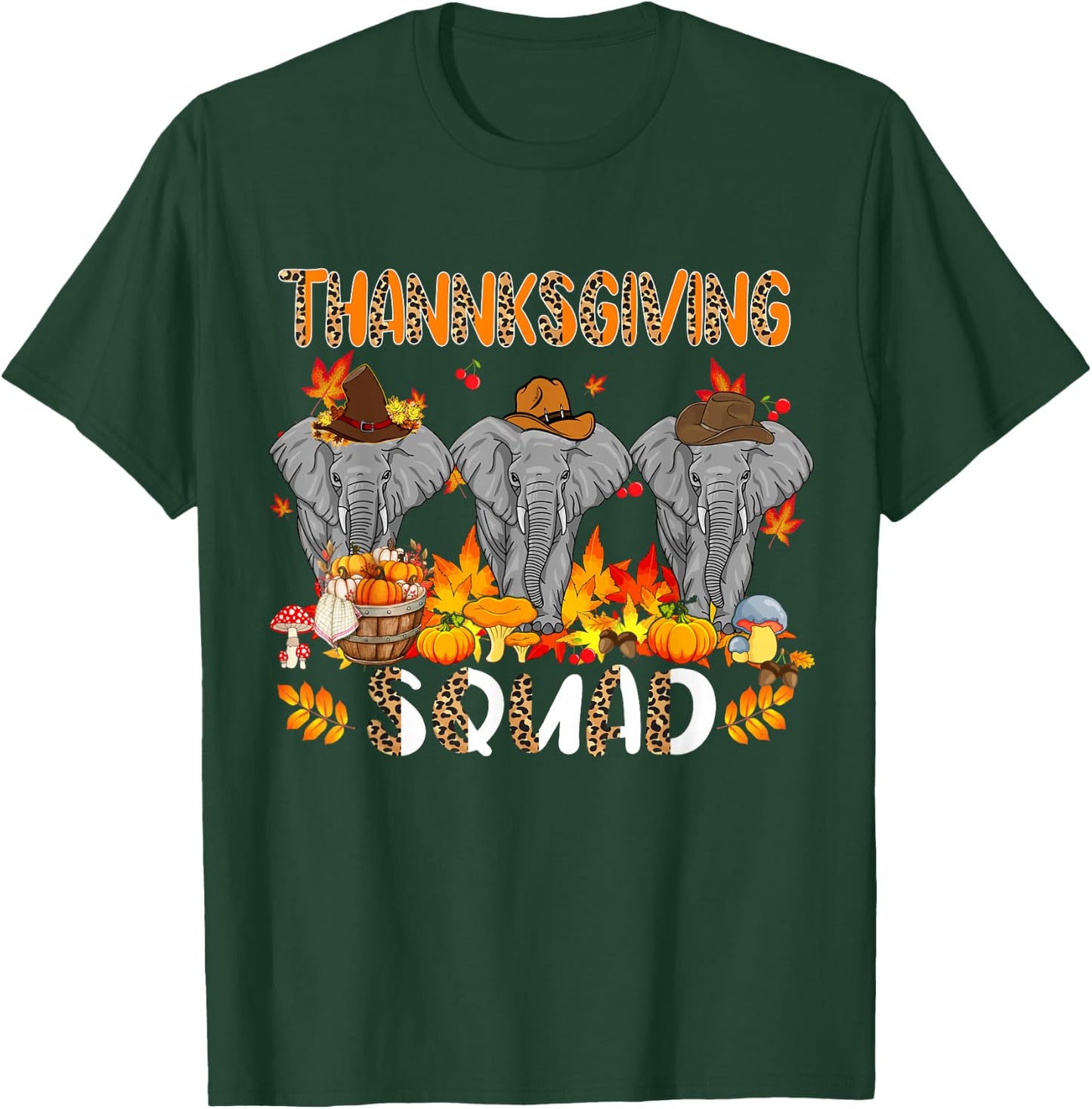 Thanksgiving Squad Leopard Three Fall Elephants Wearing Hat T-Shirt - T-Shirt | Forest