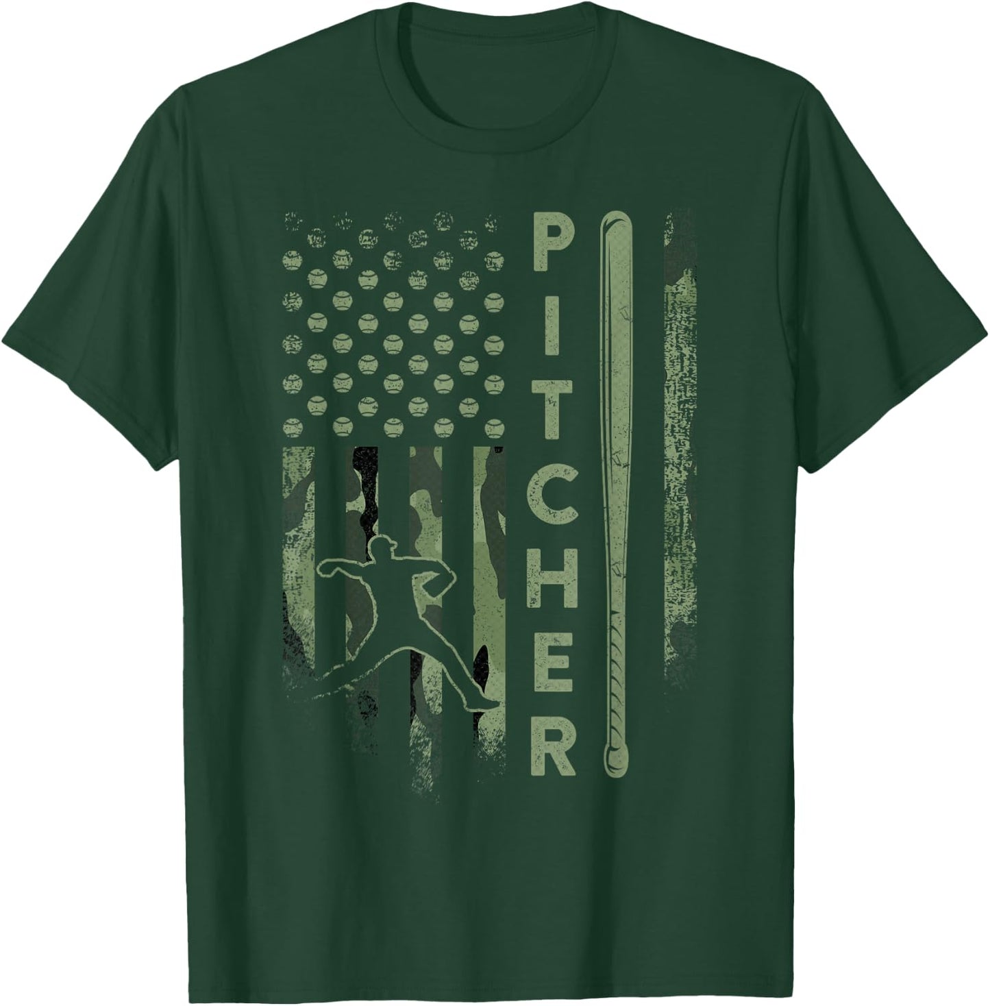 Vintage USA Camouflage Baseball Pitcher - Baseball Player T-Shirt - T-Shirt | Forest