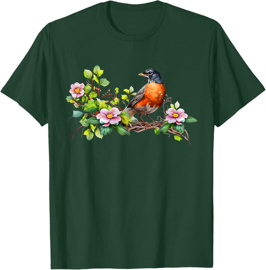American Robin Backyard Birds Dogwood Flowers For Birders T-Shirt - T-Shirt | Forest