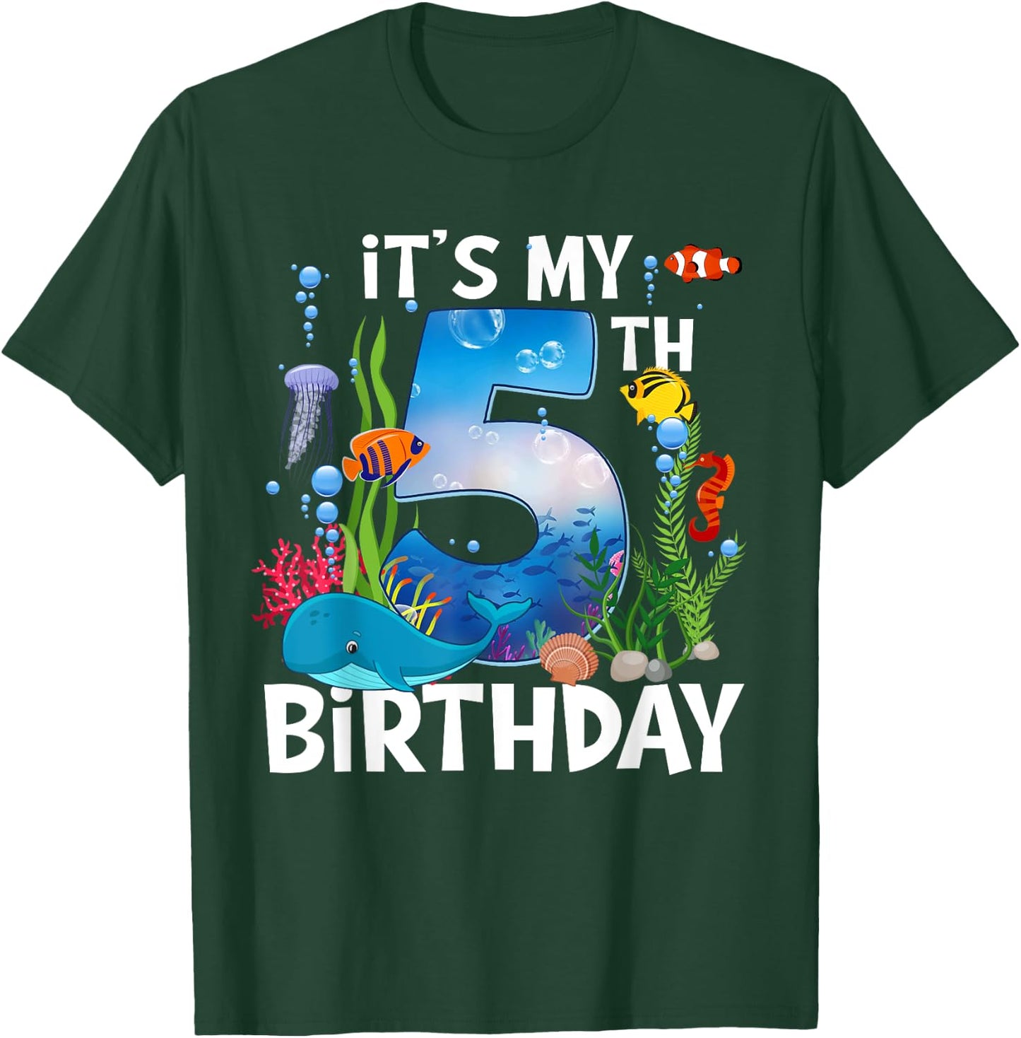 Kids 5 Year Old Ocean Life Whale Dolphin Shark 5th Birthday T-Shirt - T-Shirt | Forest