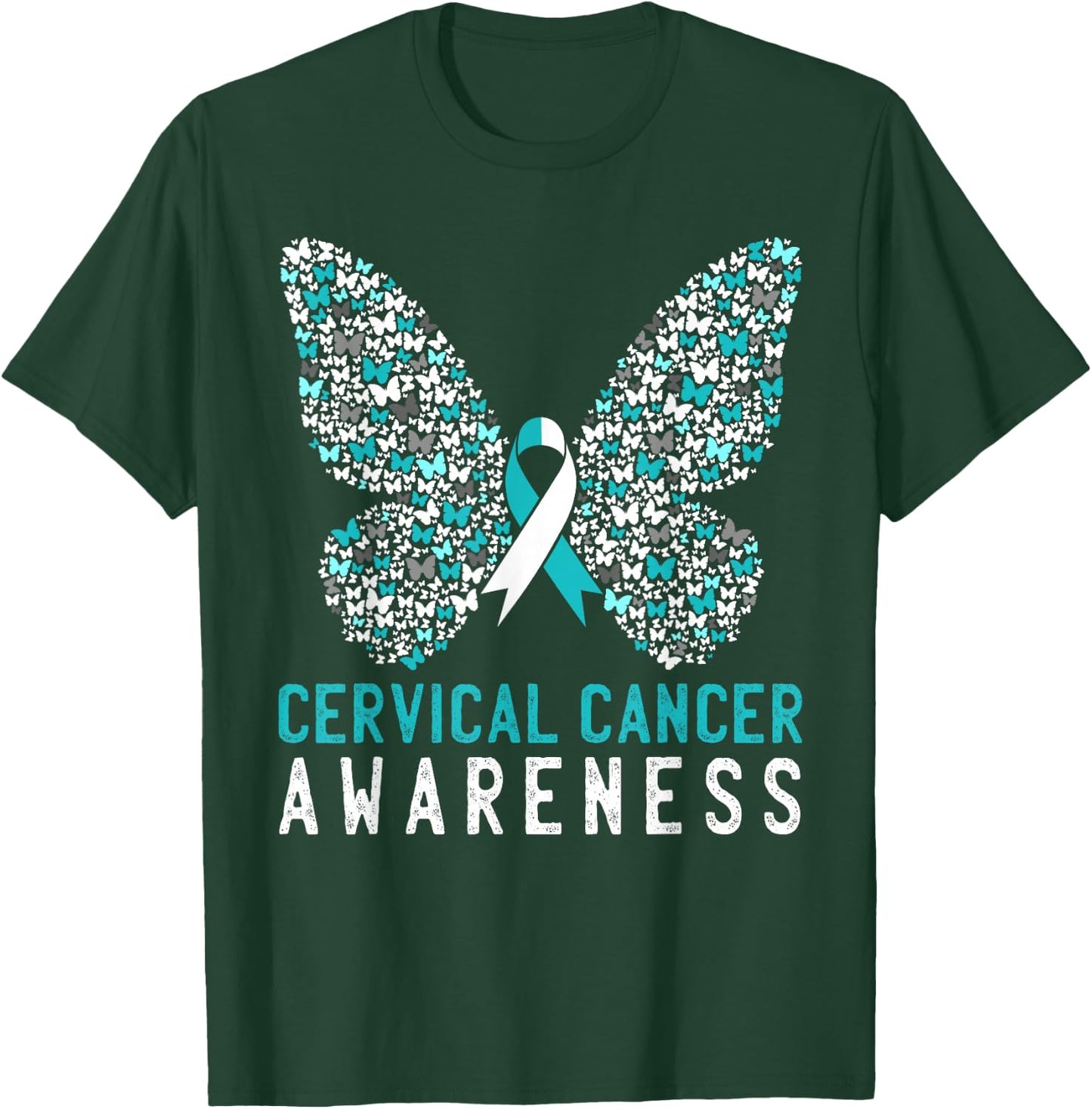 Butterfly Cervical Cancer Awareness Month White Teal Ribbon T-Shirt - T-Shirt | Forest