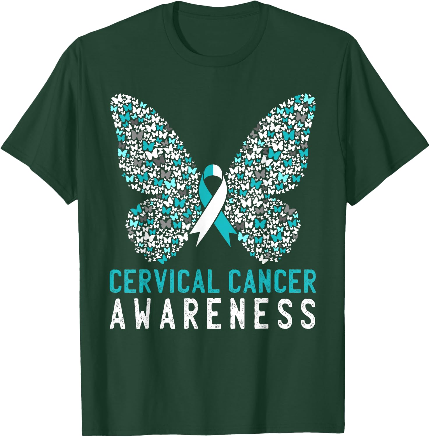 Butterfly Cervical Cancer Awareness Month White Teal Ribbon T-Shirt - T-Shirt | Forest