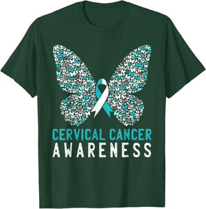 Butterfly Cervical Cancer Awareness Month White Teal Ribbon T-Shirt - T-Shirt | Forest