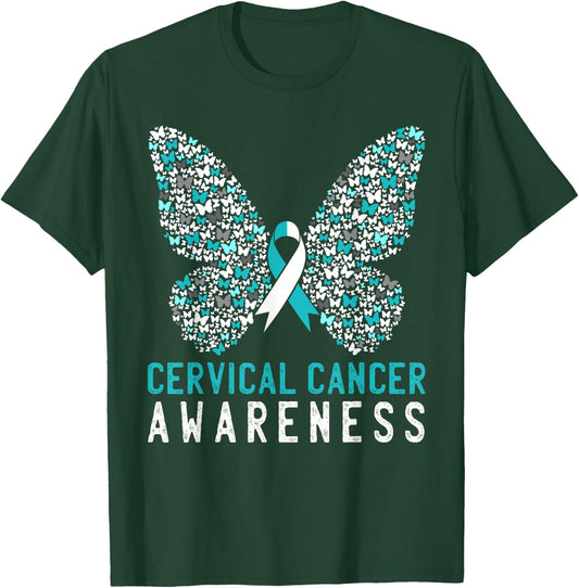 Butterfly Cervical Cancer Awareness Month White Teal Ribbon T-Shirt - T-Shirt | Forest