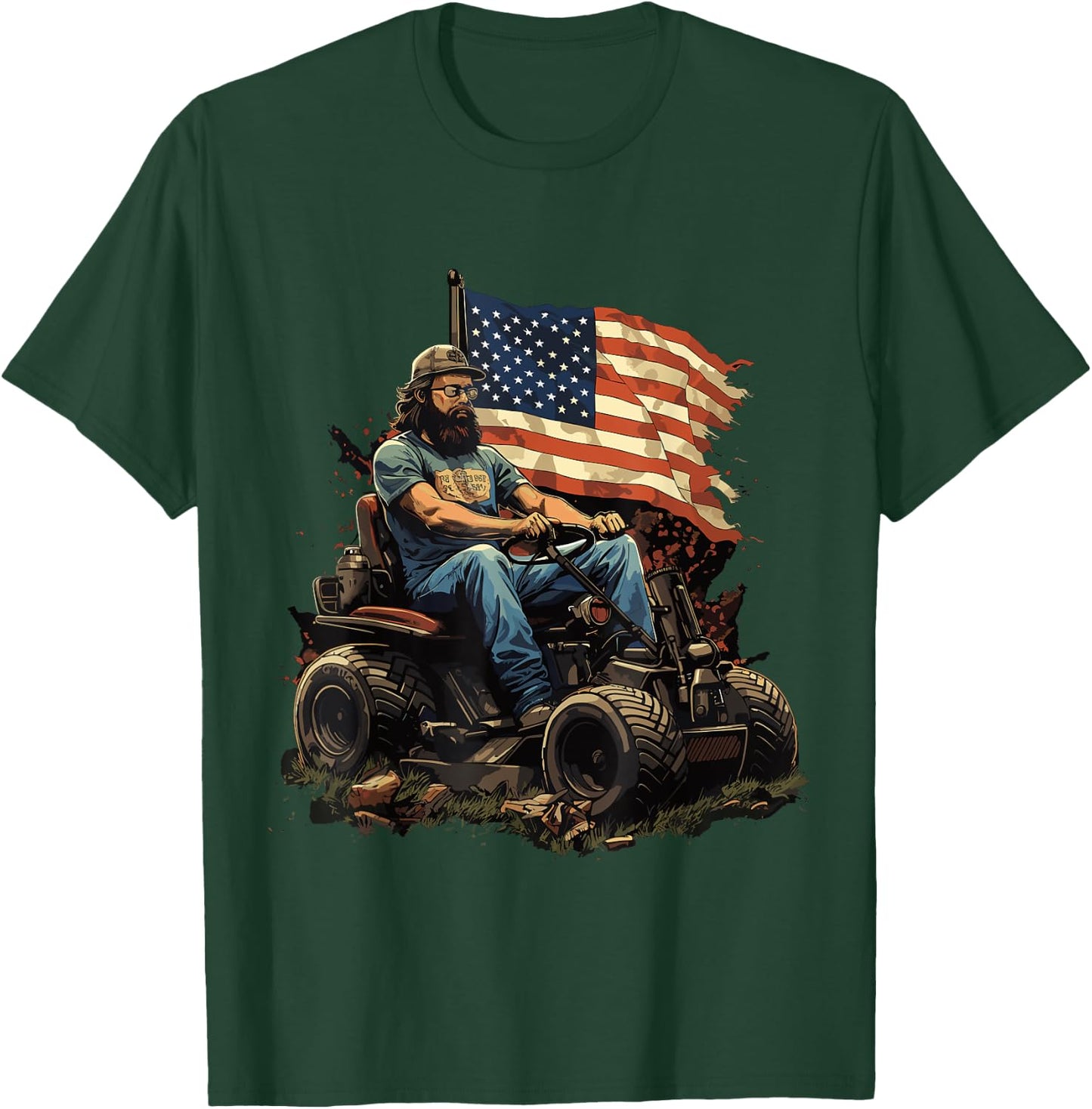 Funny racing lawnmower US Flag & lawn mower racing T-Shirt - T-Shirt | Forest