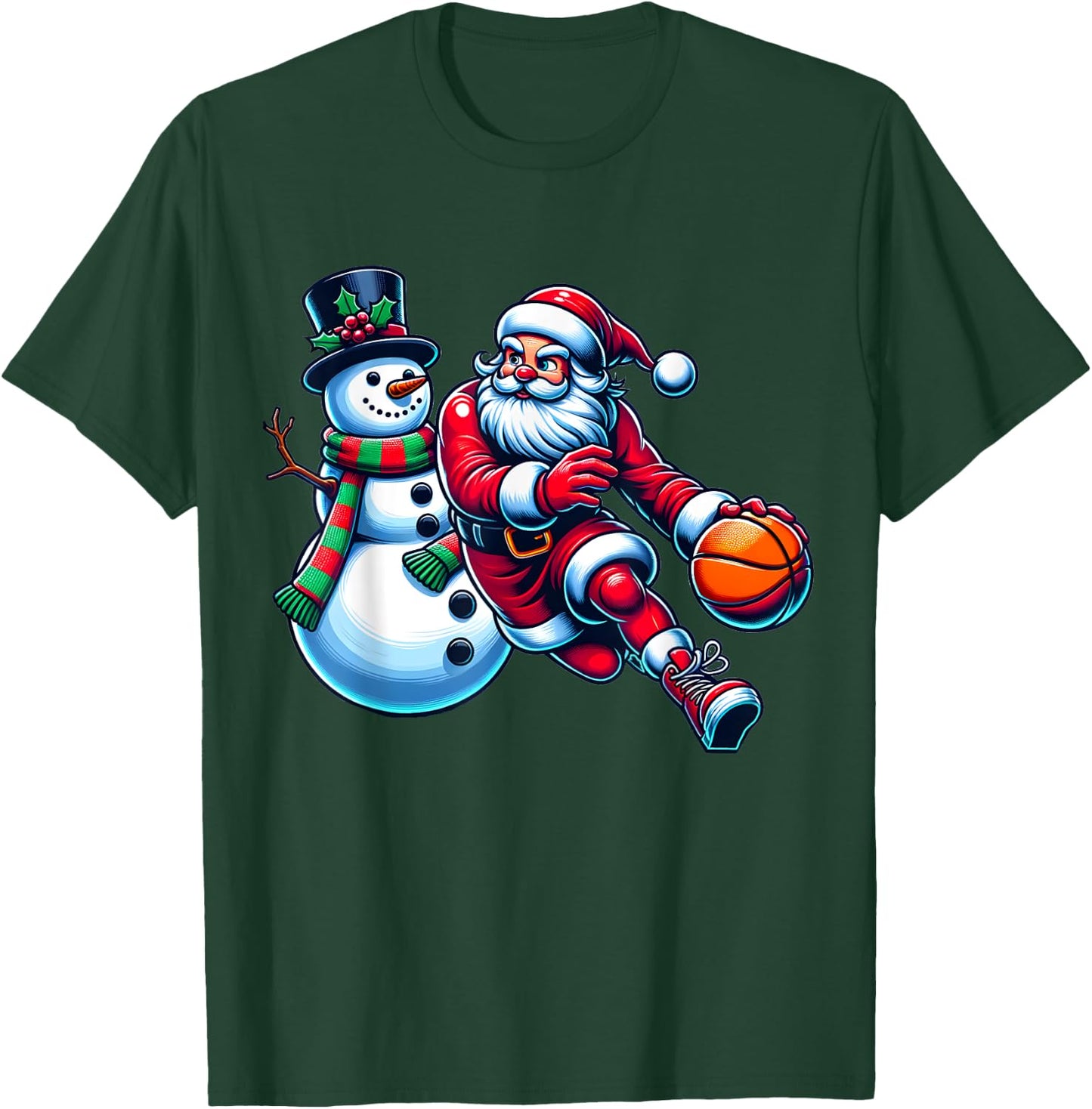 Santa Playing Basketball With A Snowman Christmas T-Shirt - T-Shirt | Forest
