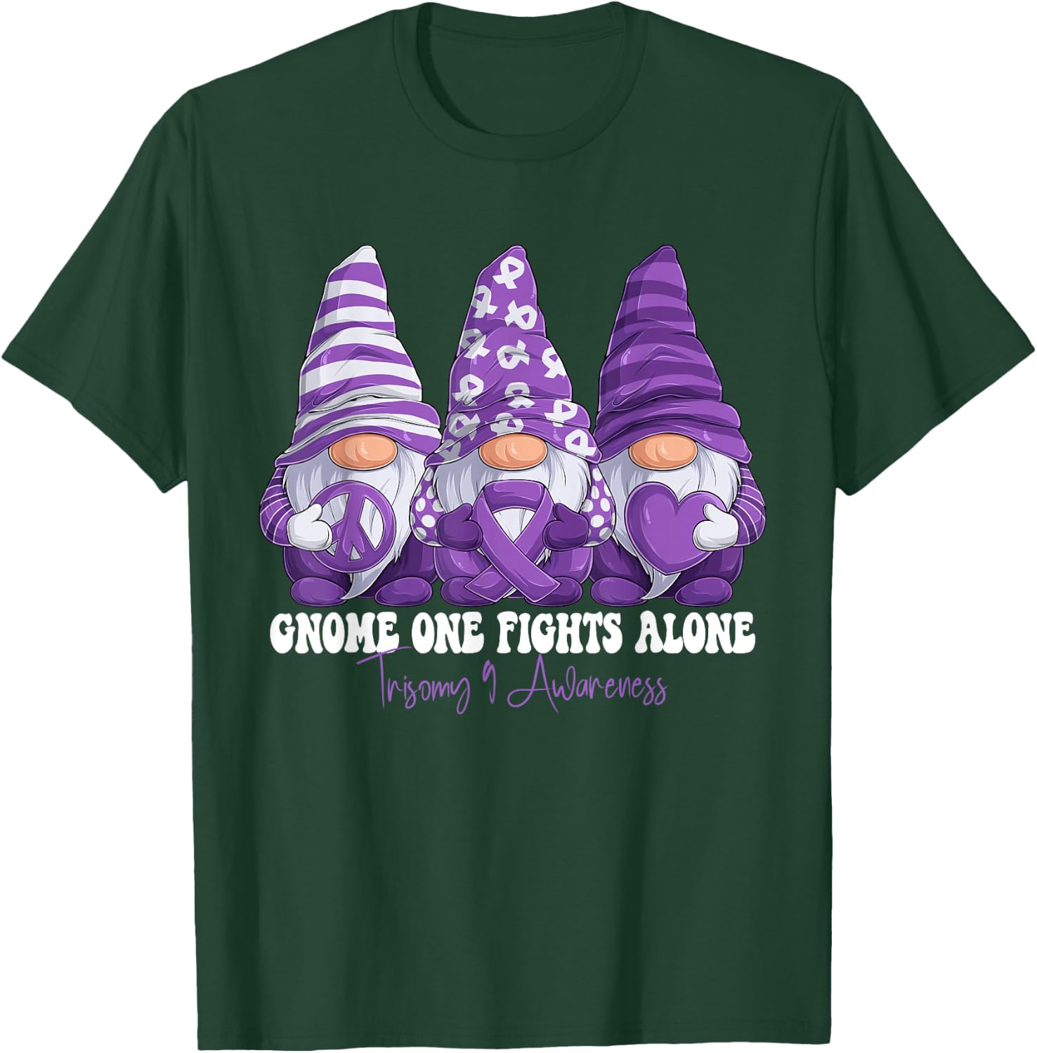 Trisomy 9 Awareness Month Purple Ribbon Gnomies Support T-Shirt - T-Shirt | Forest