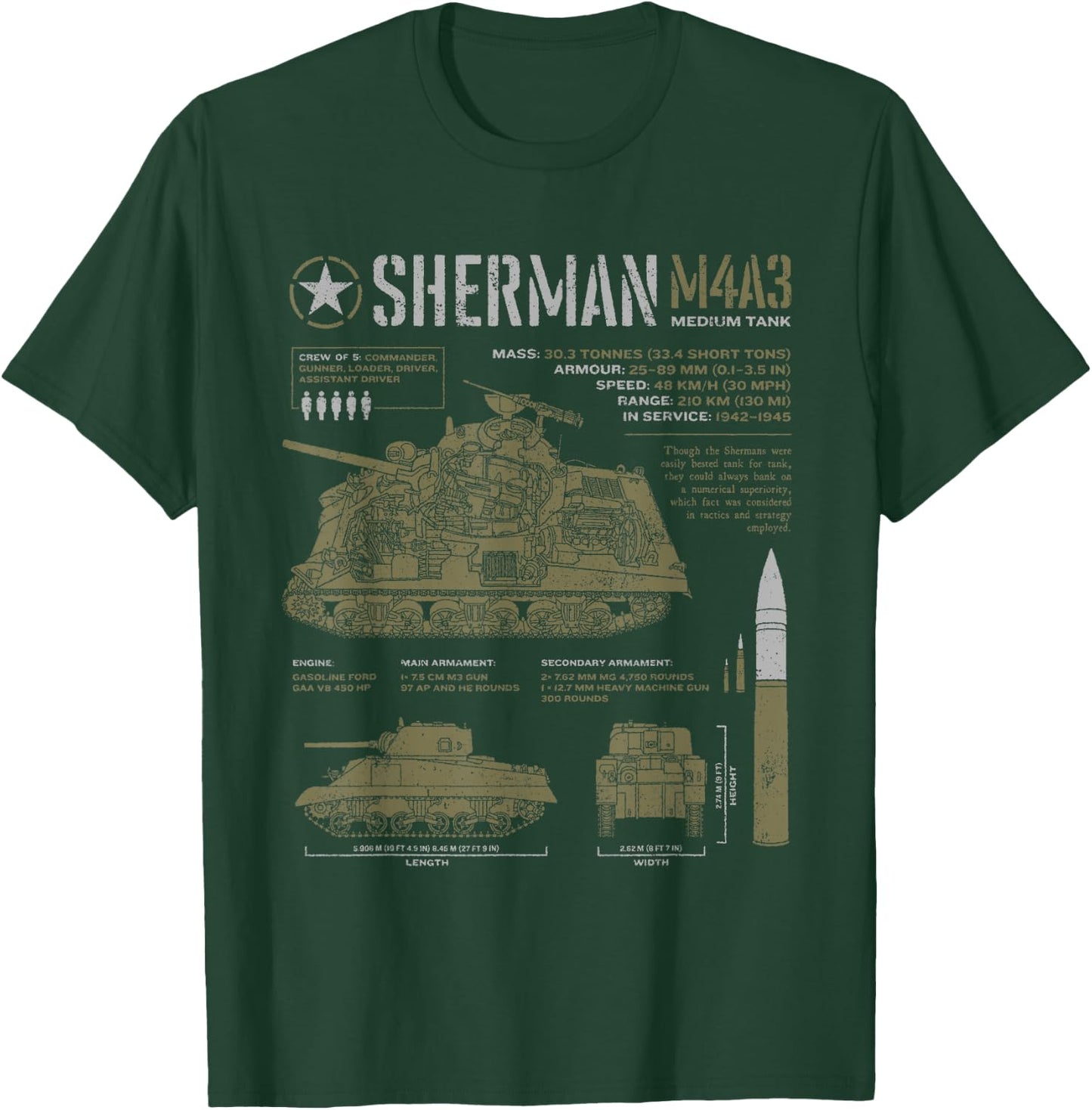 Sherman Tank World War 2 Blueprint T-Shirt - T-Shirt | Forest