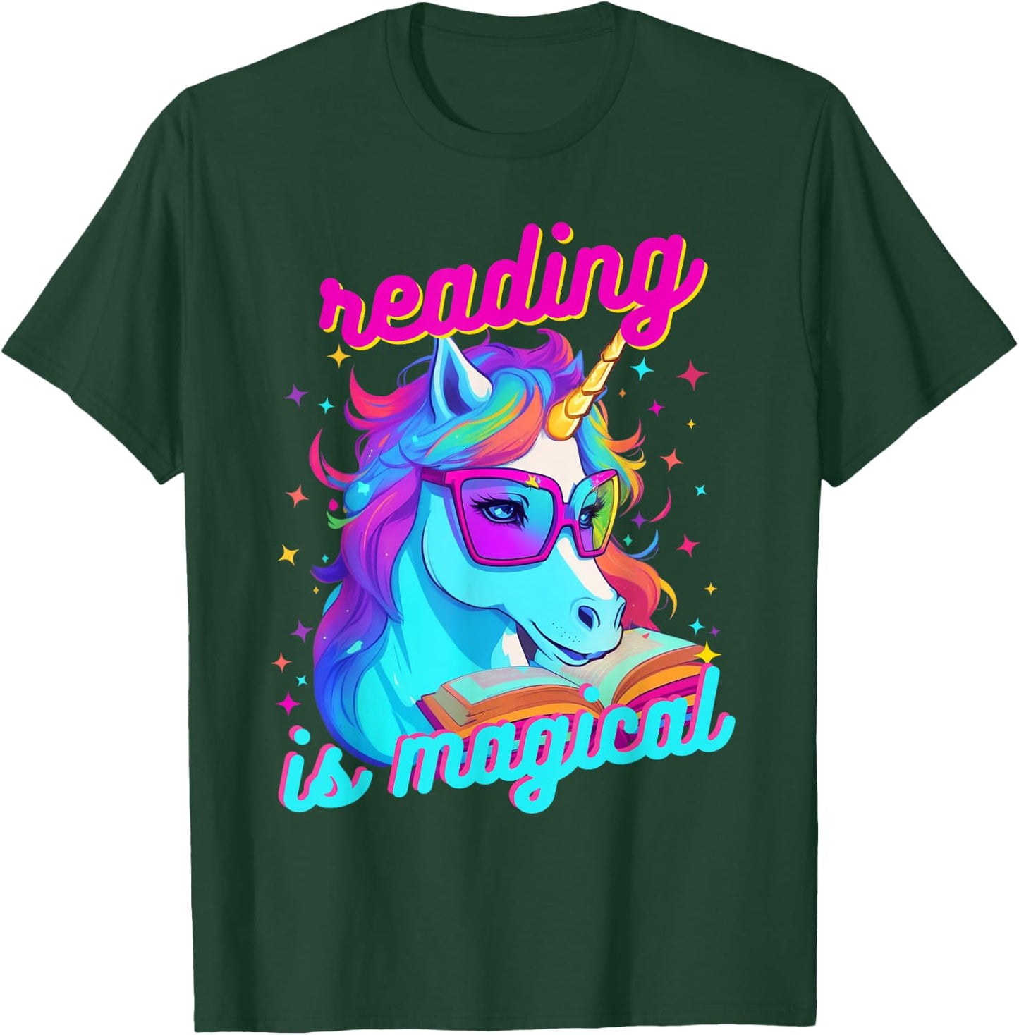 Psychedelic Cool Nerd Unicorn Reading is Magical Book Lover T-Shirt - T-Shirt | Forest