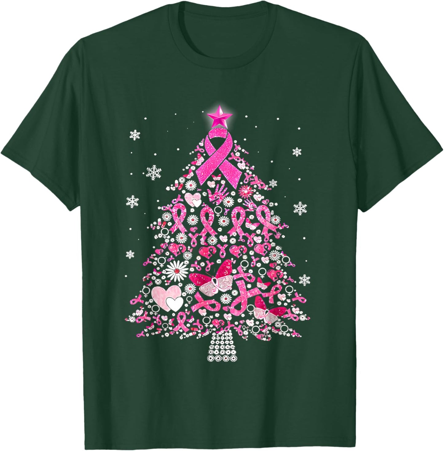 Breast Cancer Ornament Decoration Christmas Tree Snowflakes T-Shirt - T-Shirt | Forest