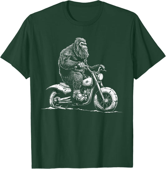 Bigfoot Riding A Motorcycle Bike Funny Sasquatch Men Women T-Shirt - T-Shirt | Forest