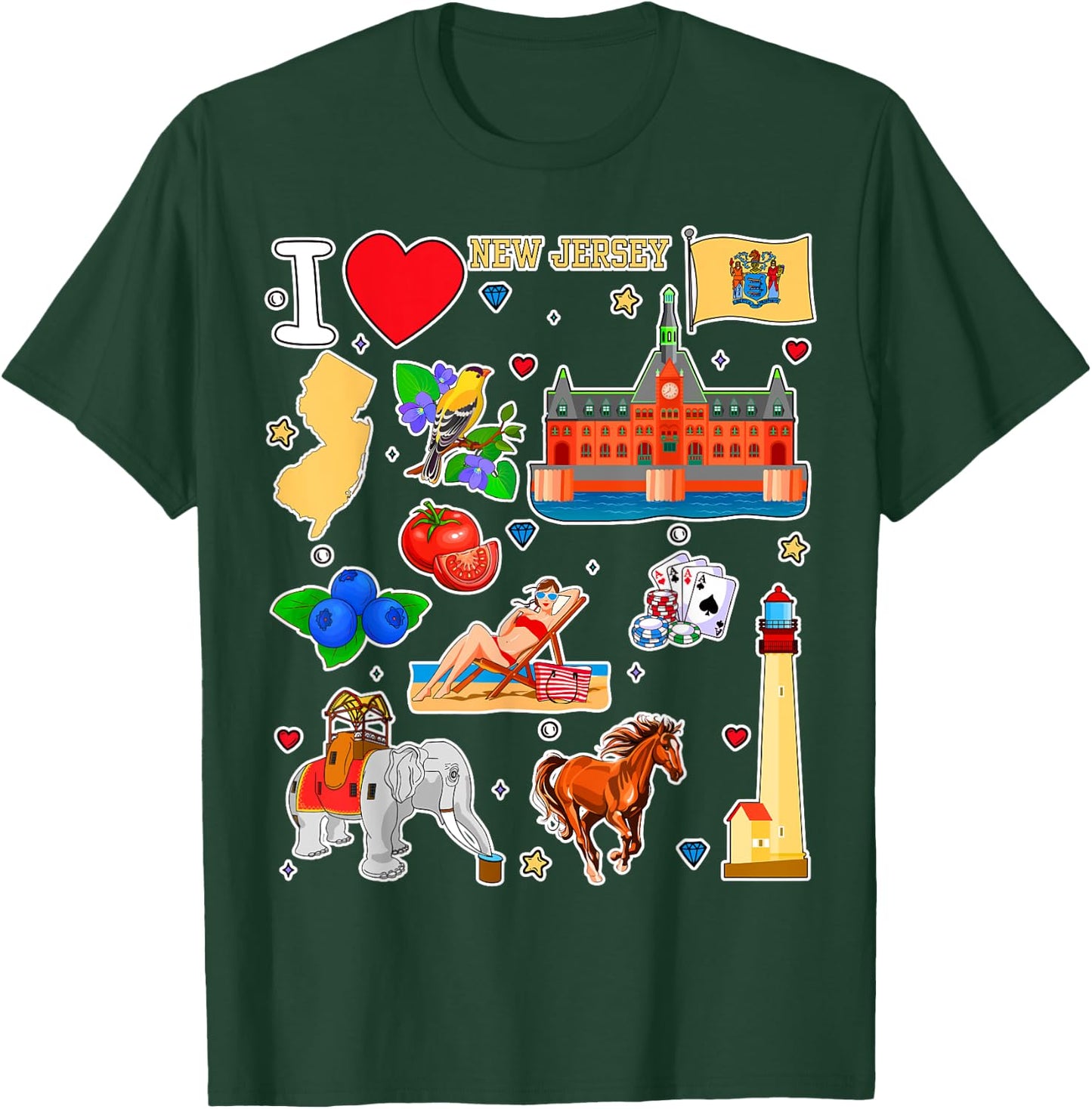 New Jersey map, hand drawn State Symbols and icons T-Shirt - T-Shirt | Forest