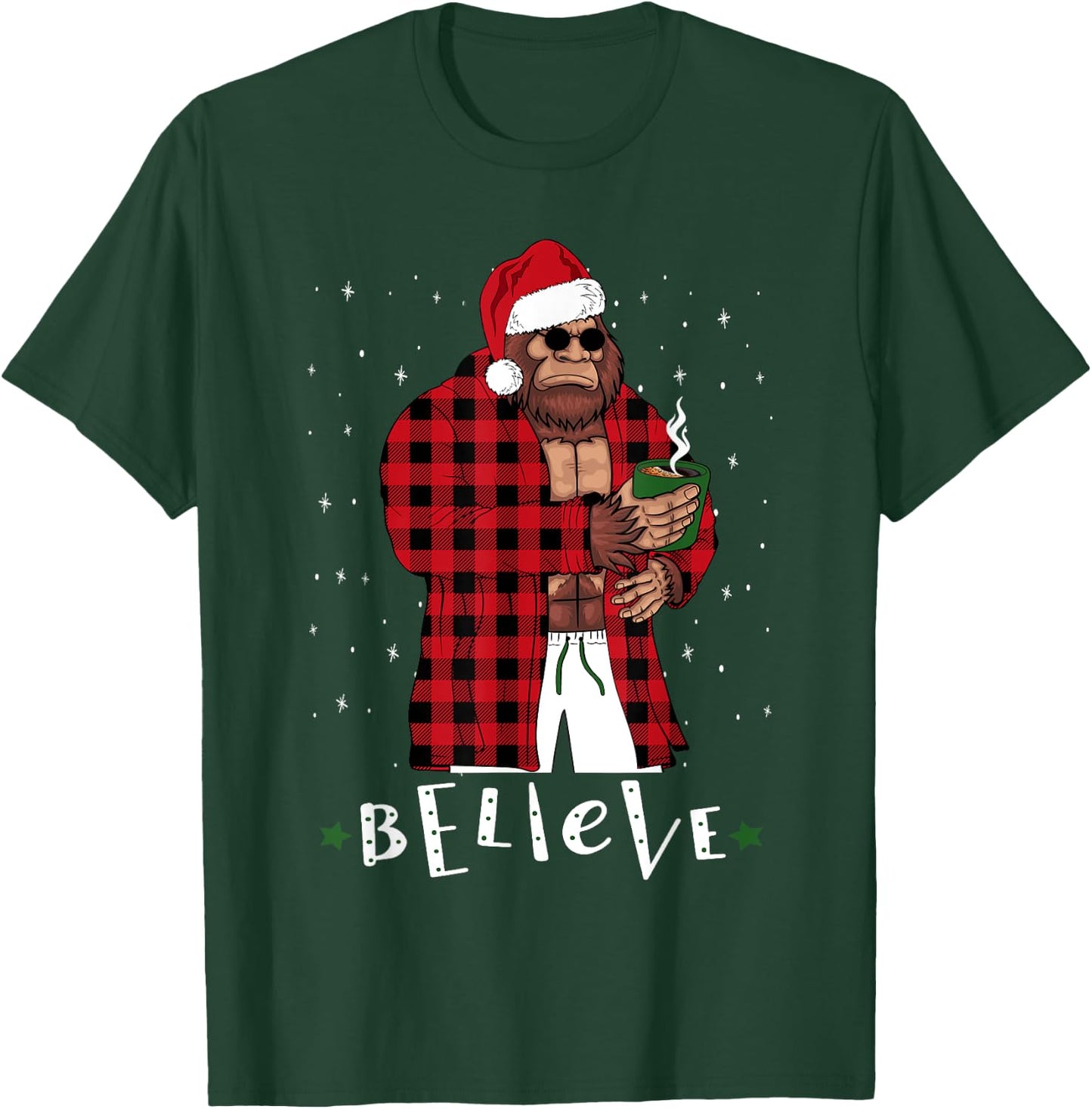 Bigfoot Christmas Buffalo Plaid Sasquatch Coffee Drinker T-Shirt - T-Shirt | Forest