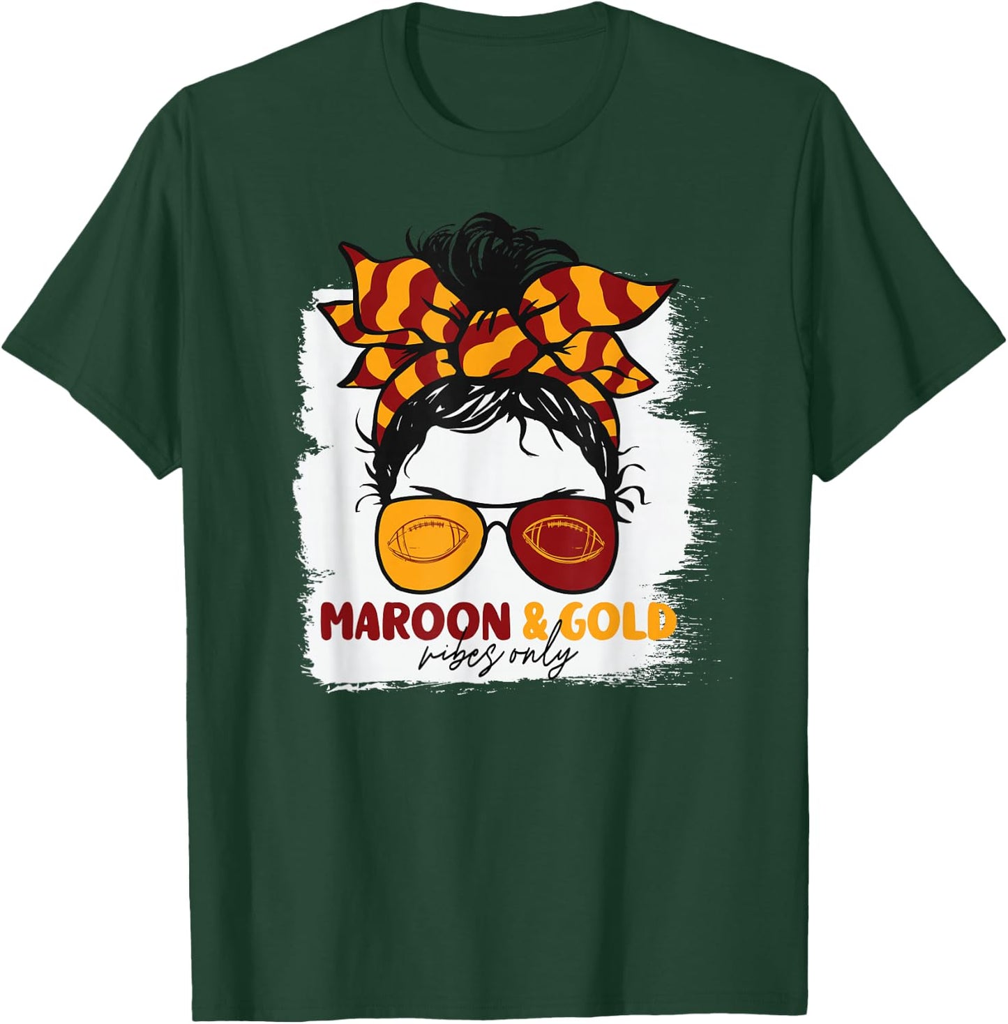 Maroon and Gold Vibes Only Football Mom Gameday Messy Hair T-Shirt - T-Shirt | Forest