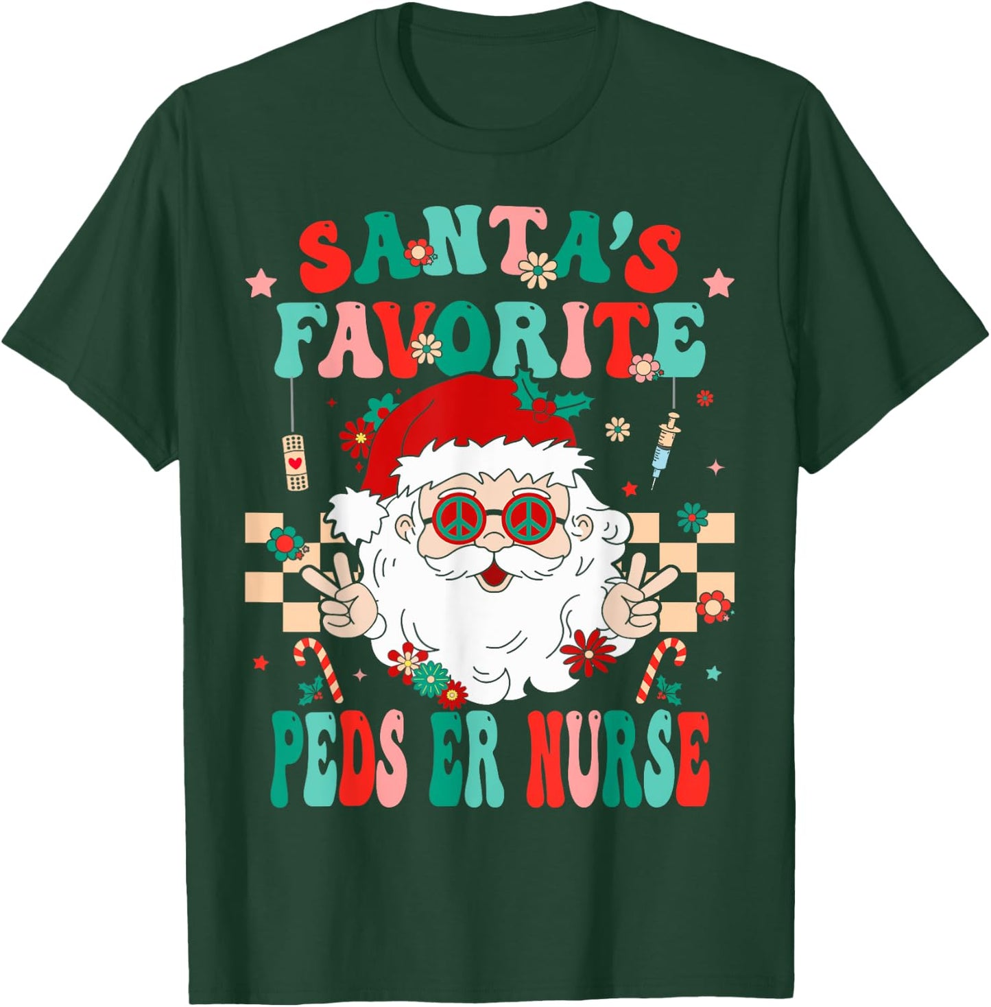 Santa Favorite Peds ER Nurse Retro Groovy Nurse Christmas T-Shirt - T-Shirt | Forest