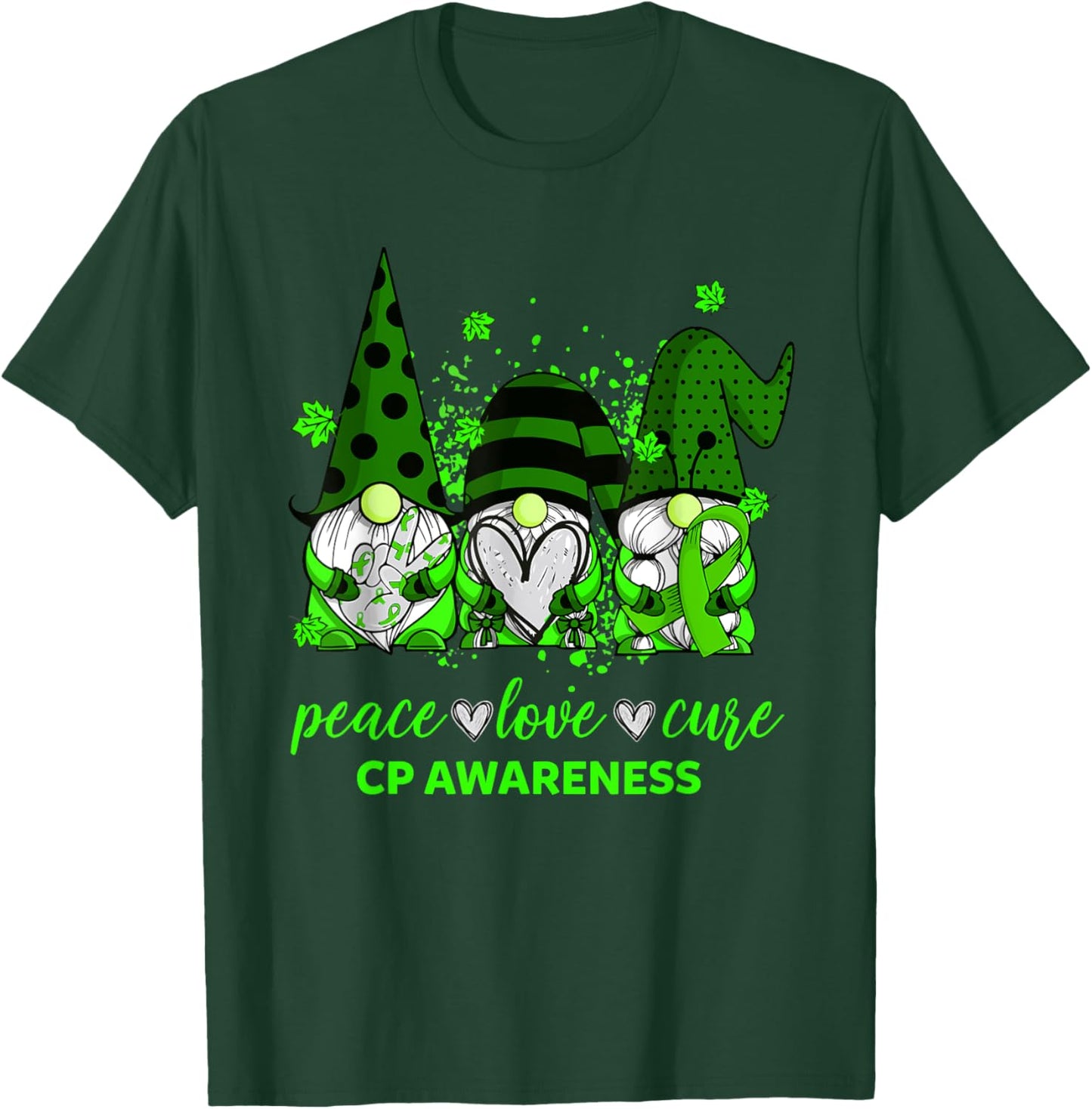 Peace Love Cure Three Gnomes Cerebral Palsy CP Awareness T-Shirt - T-Shirt | Forest
