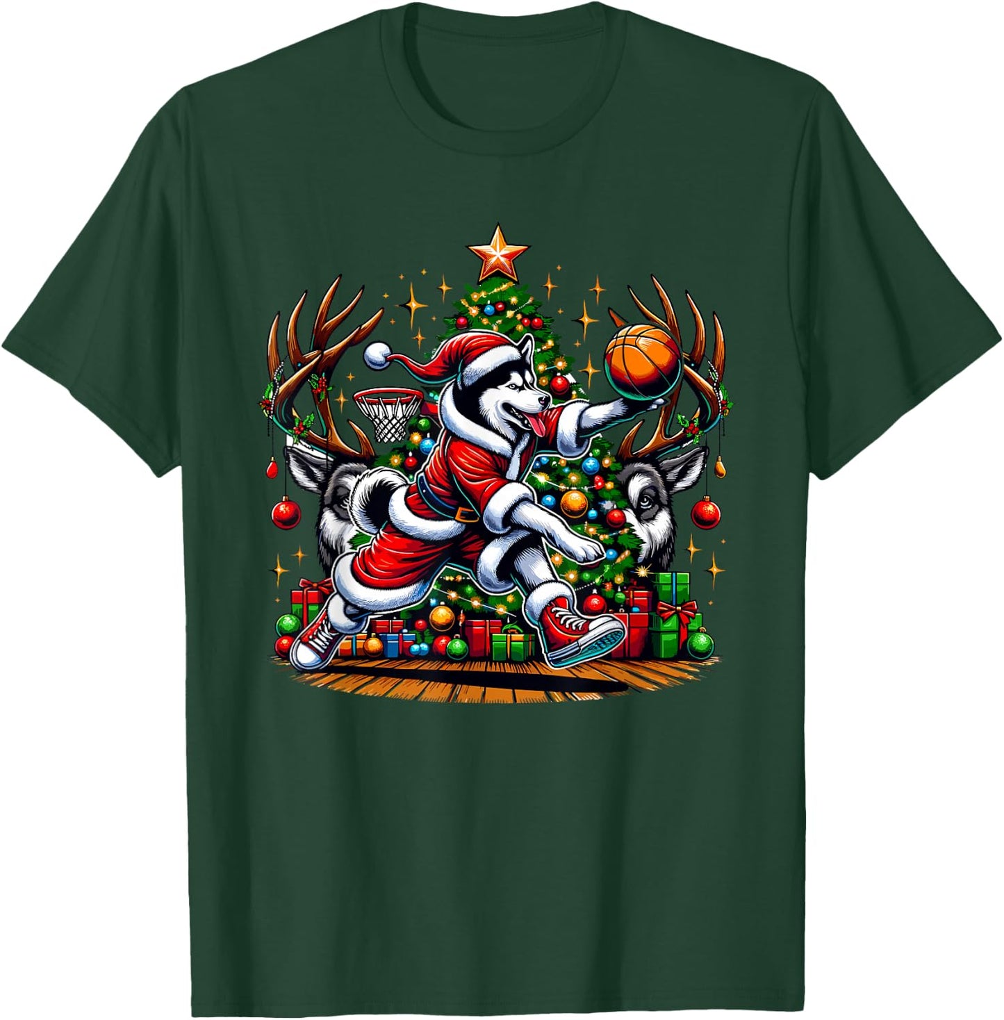 Funny Santa Siberian Husky Dog Play Basketball Christmas T-Shirt - T-Shirt | Forest