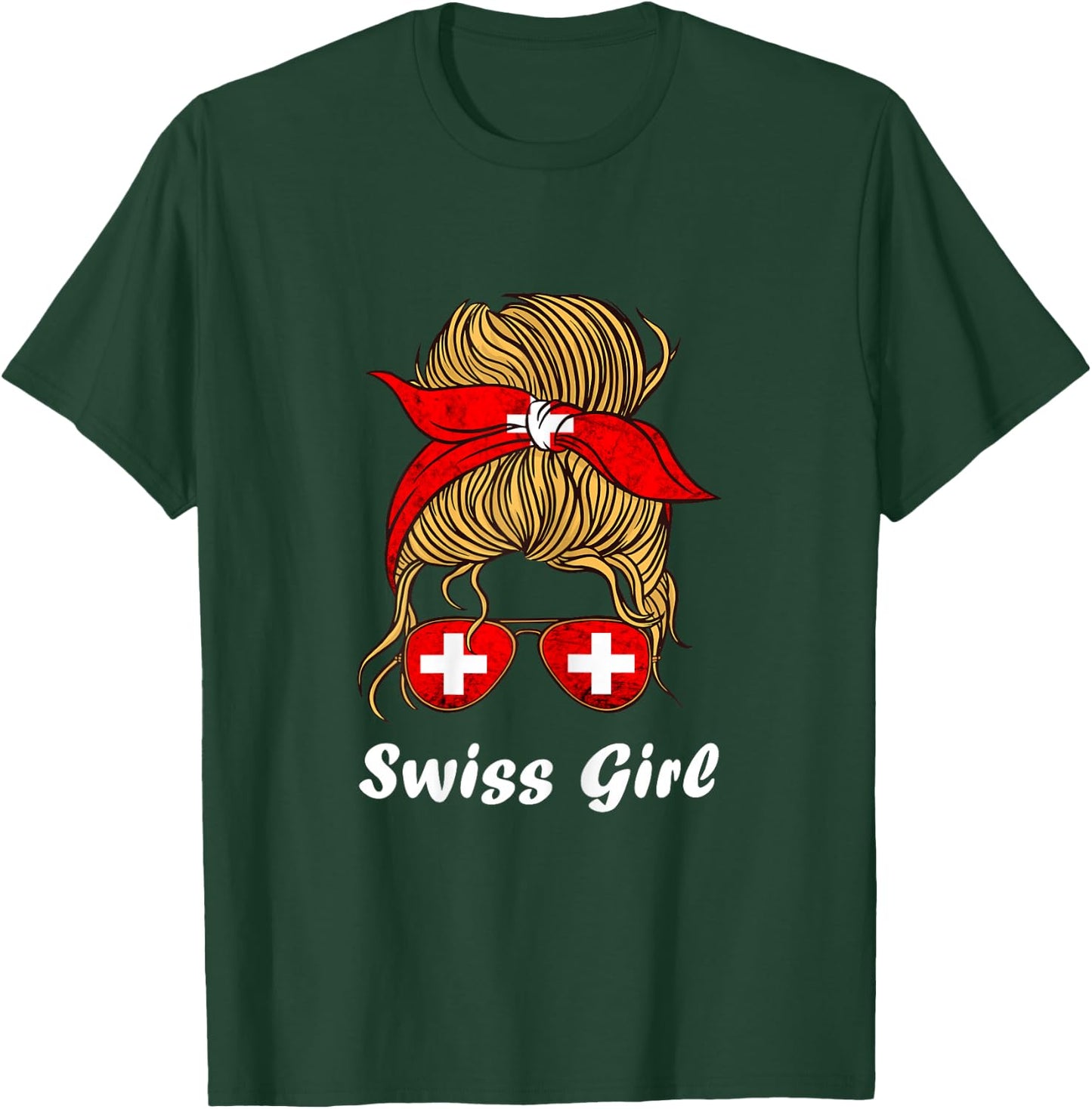 Swiss Girl Woman Sunglass Swiss Pride Swiss Flag Switzerland T-Shirt - T-Shirt | Forest