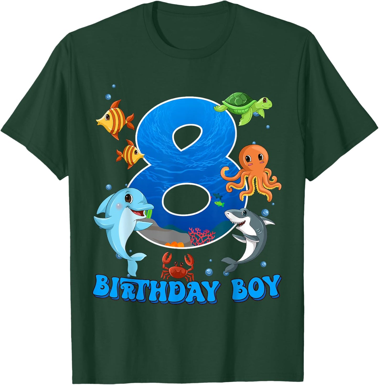 8th Birthday Party Ocean 8 Year Old Sea Fish Birthday Boy T-Shirt - T-Shirt | Forest