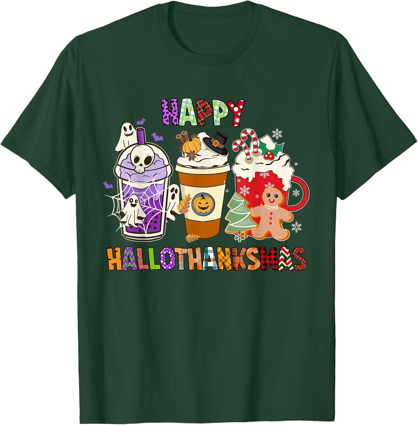 Happy HALLOTHANKSMAS Halloween Thanksgiving Christmas Coffee T-Shirt - T-Shirt | Forest