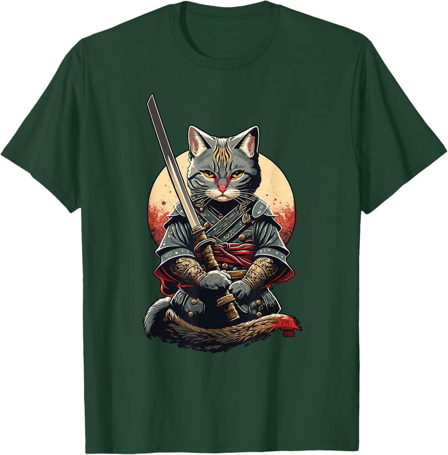 Retro Japanese Warrior Katana Ninja Cat, Samurai Kitten T-Shirt - T-Shirt | Forest