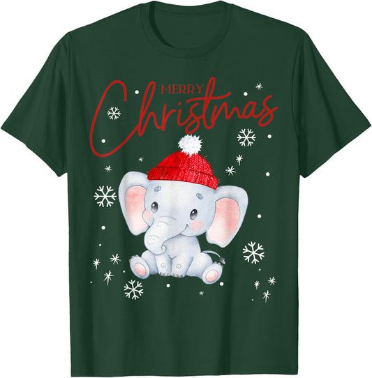 Fantabulous Acc Merry Christmas - Cute Elephant Kids Black Cotton Blend T-Shirt - T-Shirt | Forest