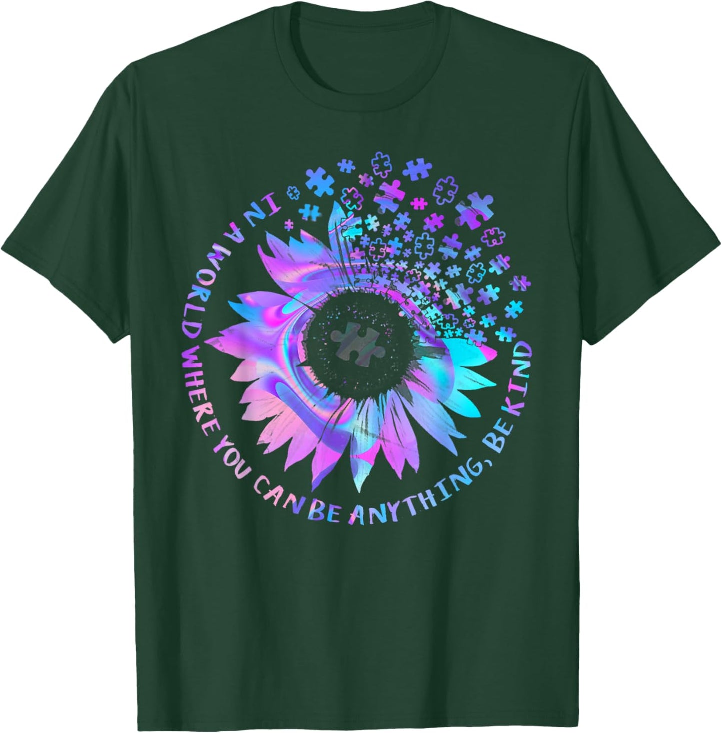 Be Kind Autism Awareness Kindness Sunflower Tie Dye Puzzle T-Shirt - T-Shirt | Forest