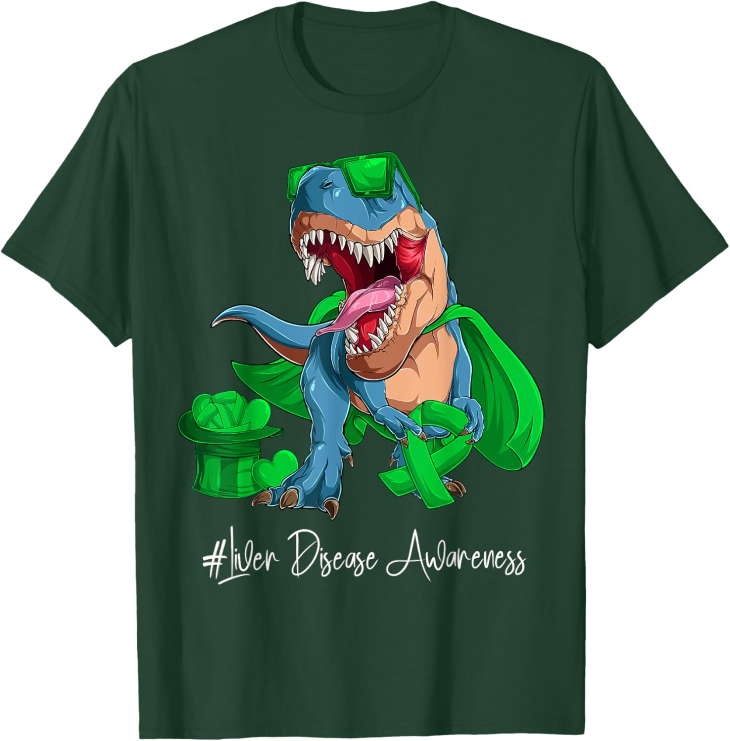 Liver Disease Awareness Month Green Ribbon Trex T-Shirt - T-Shirt | Forest