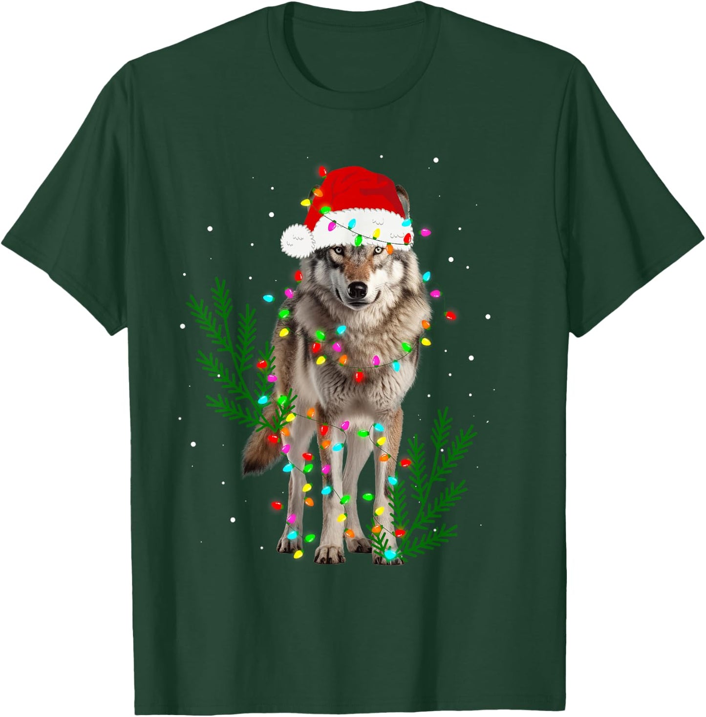 Wolf Santa Hat Christmas Lights Wolf Lover Animal Xmas T-Shirt - T-Shirt | Forest