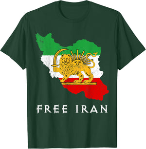 Iran Flag Map Lion Sun Sword Free Iran support women of Iran T-Shirt - T-Shirt | Forest