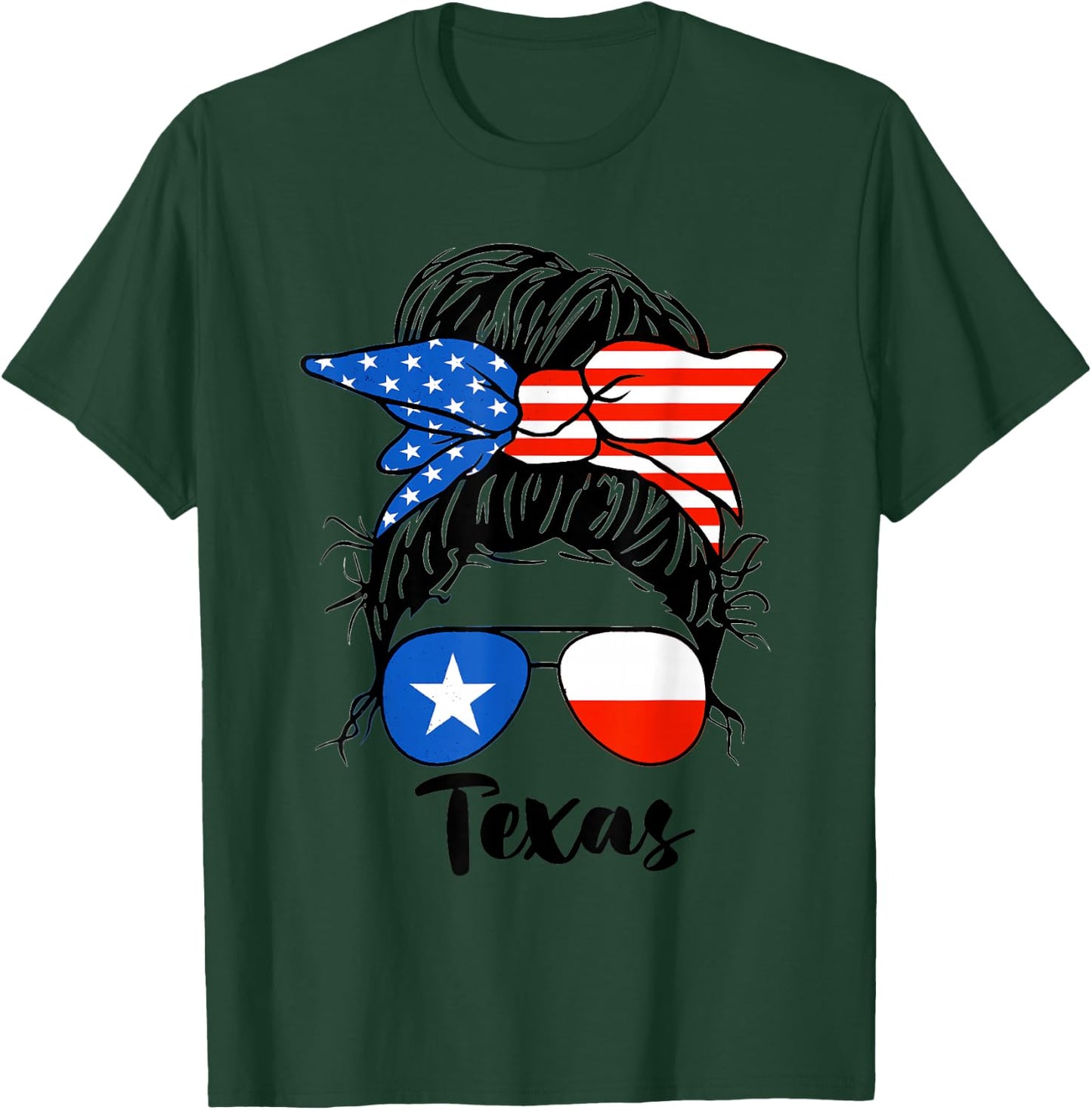 Texas State Flag Sunglasses Mom Messy Bun Hair Girl T-Shirt - T-Shirt | Forest