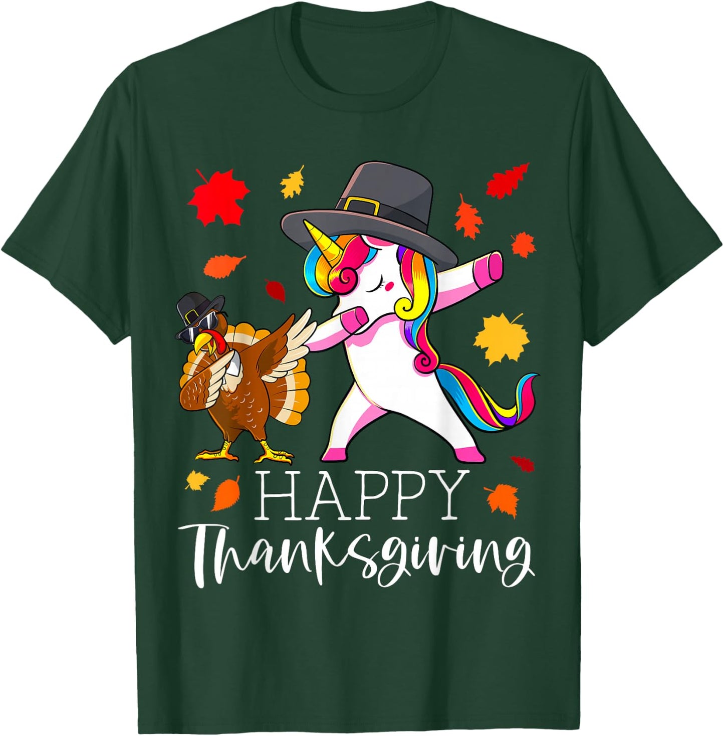 Thanksgiving Unicorn Girls Cute Dabbing Turkey Pilgrim Girl T-Shirt - T-Shirt | Forest