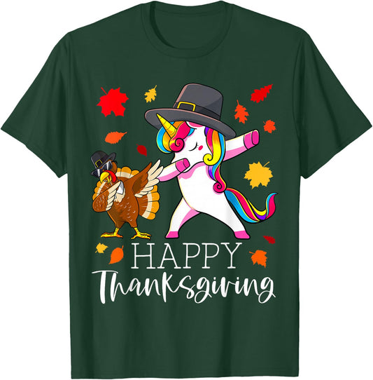 Thanksgiving Unicorn Girls Cute Dabbing Turkey Pilgrim Girl T-Shirt - T-Shirt | Forest