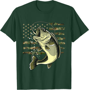 Bass Fish Fishing USA American Flag Camouflage Fisherman T-Shirt - T-Shirt | Forest