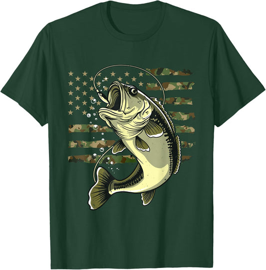 Bass Fish Fishing USA American Flag Camouflage Fisherman T-Shirt - T-Shirt | Forest