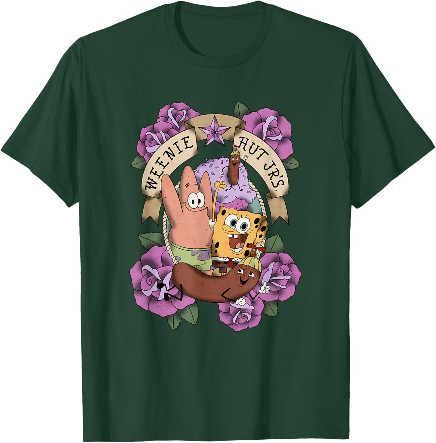 SpongeBob SquarePants Patrick Weenie Hut Jr's. Floral Logo T-Shirt - T-Shirt | Forest