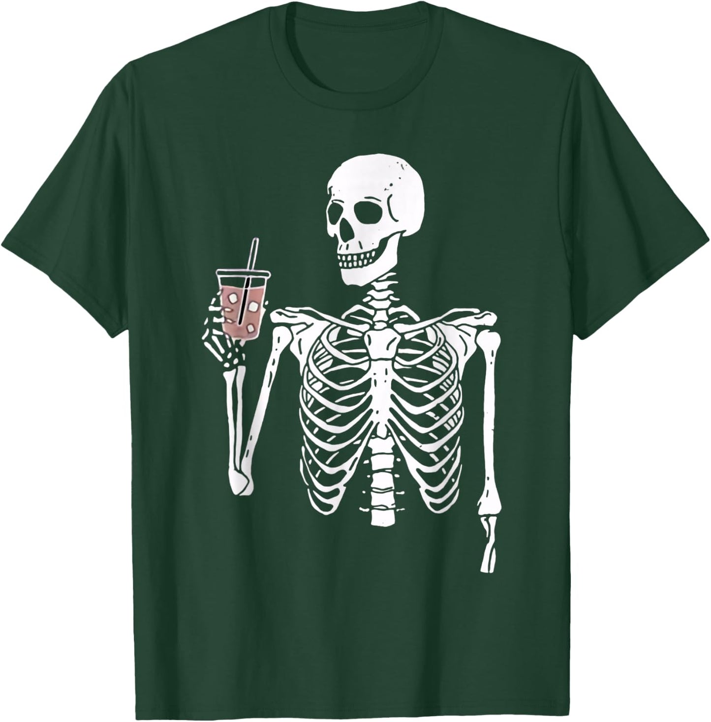 Iced Coffee Skeleton Drinking Funny Halloween Skull T-Shirt - T-Shirt | Forest