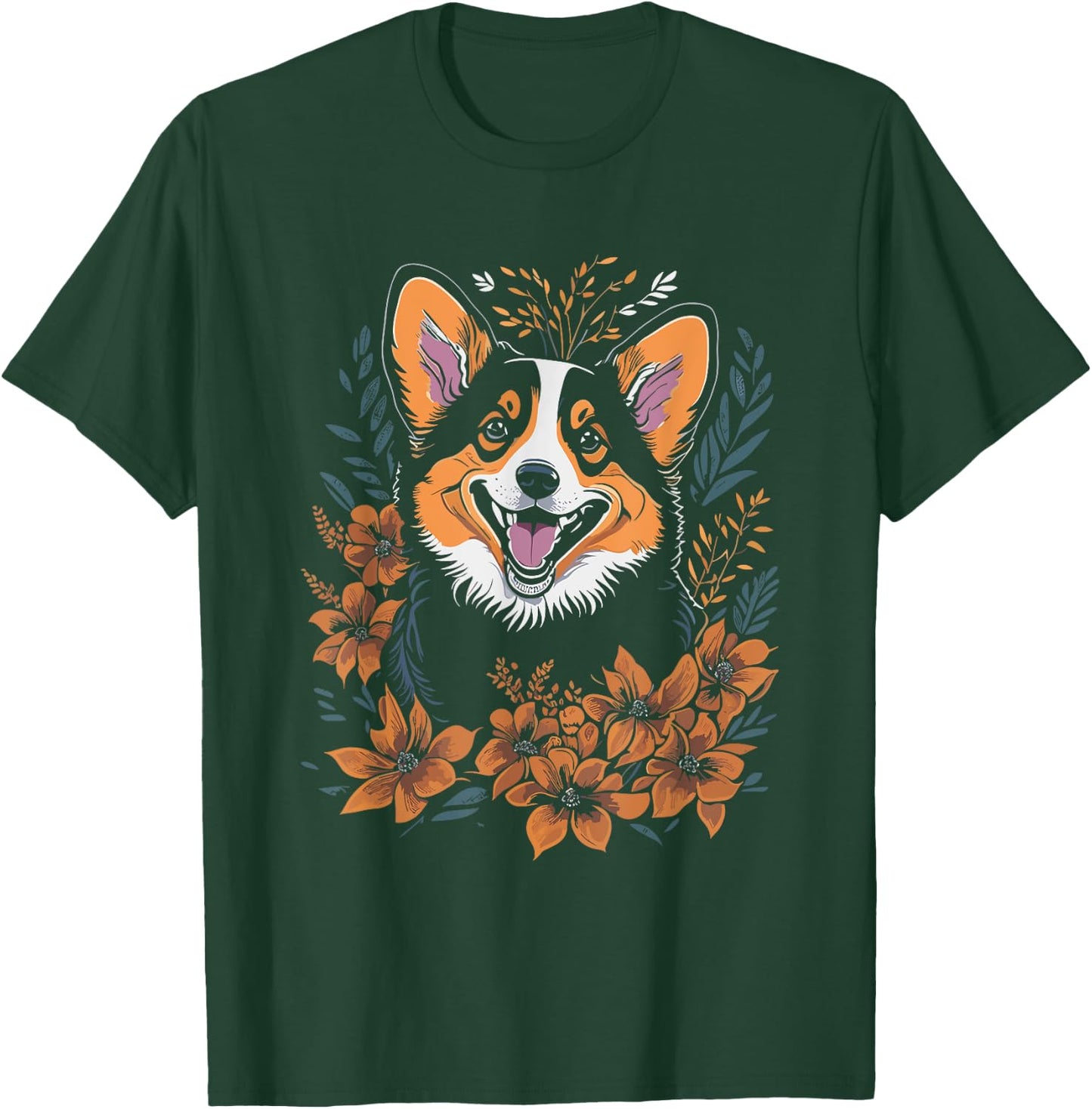 Corgi Flowers - Funny Floral Corgi Lover Dog Mom Dad Women Girls Kids T-Shirt - T-Shirt | Forest