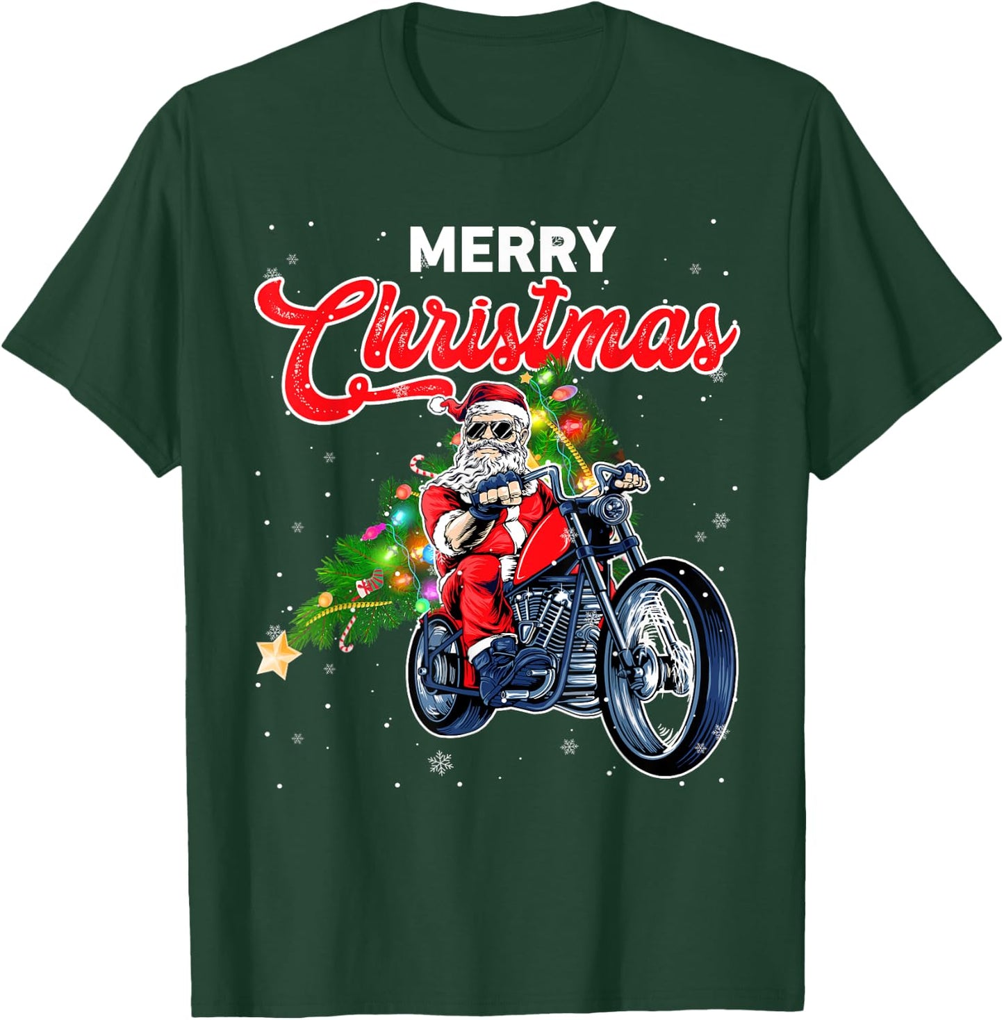 Funny Santa Claus With Motorcycle Xmas Tree Merry Christmas T-Shirt - T-Shirt | Forest